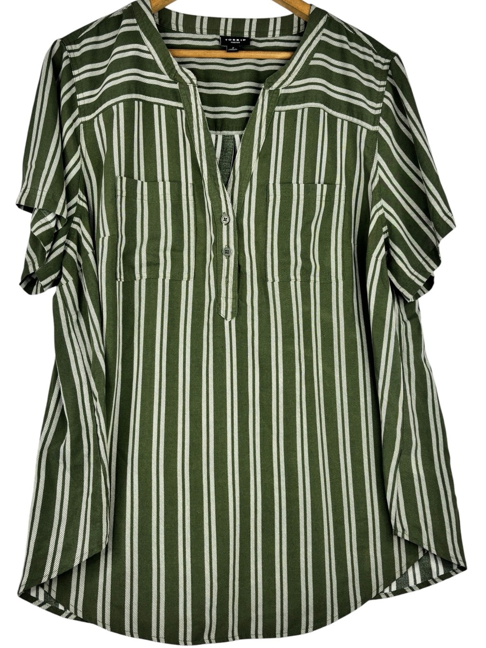 Torrid Olive Green & White Striped Harper Short Sleeve 2 Button V-Neck Blouse 2X